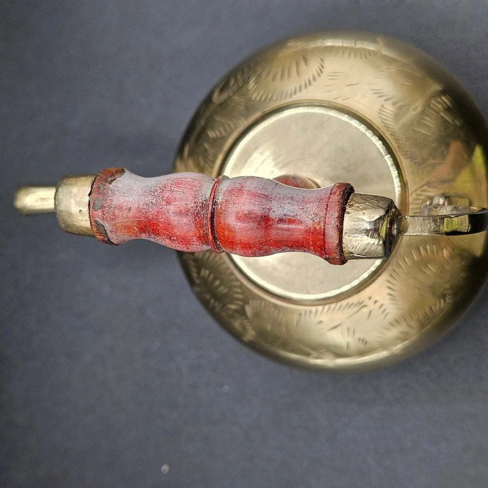 Vintage Etched Brass Miniature Teapot Tripod Feet Wood Handle Decorative 4.5in